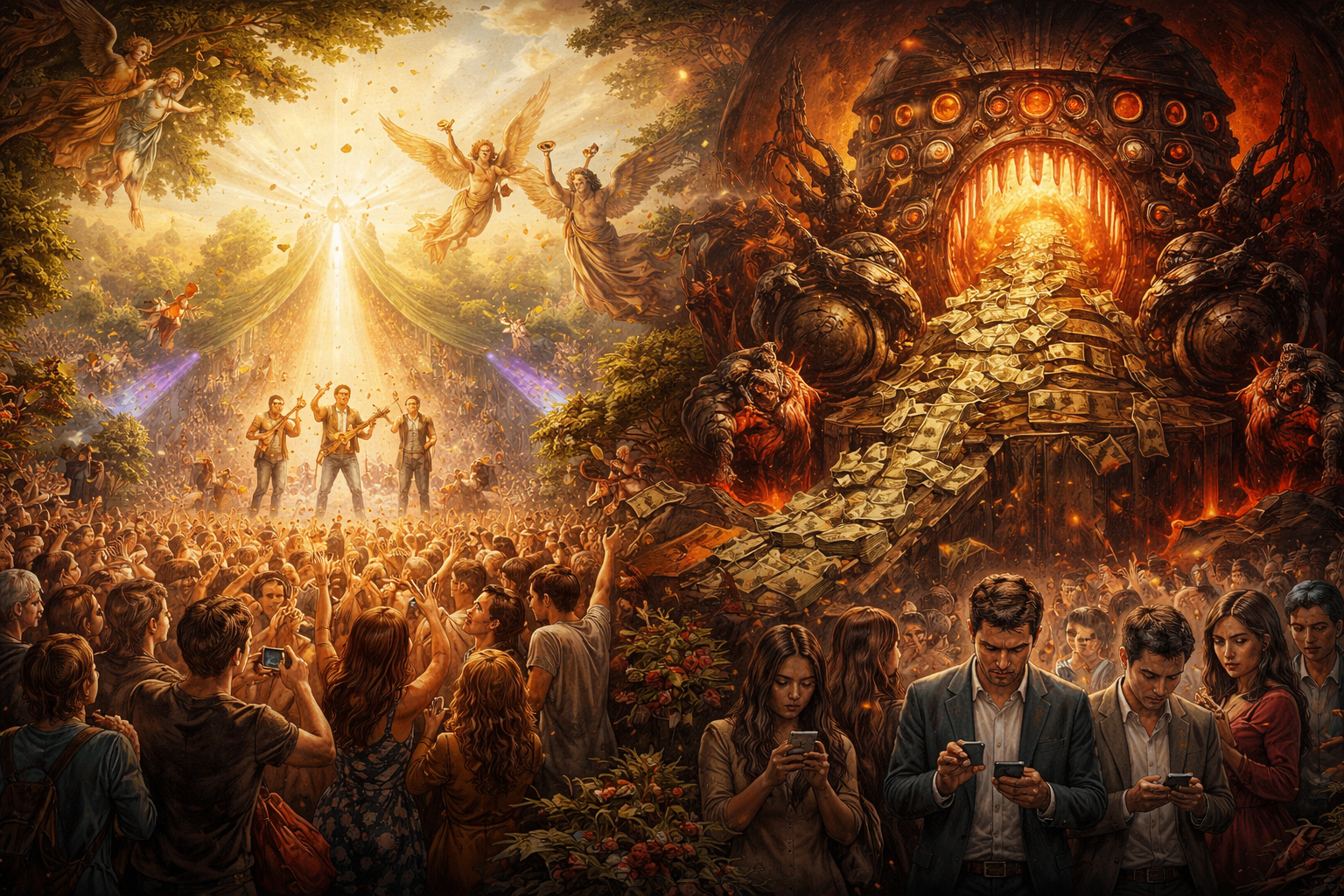 Allegorical painting contrasting live music community with corporate extraction and screen addiction